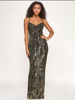 Funky Vintage Black Gold Sequin Gown Small Spaghetti Strap Prom Formal Dress